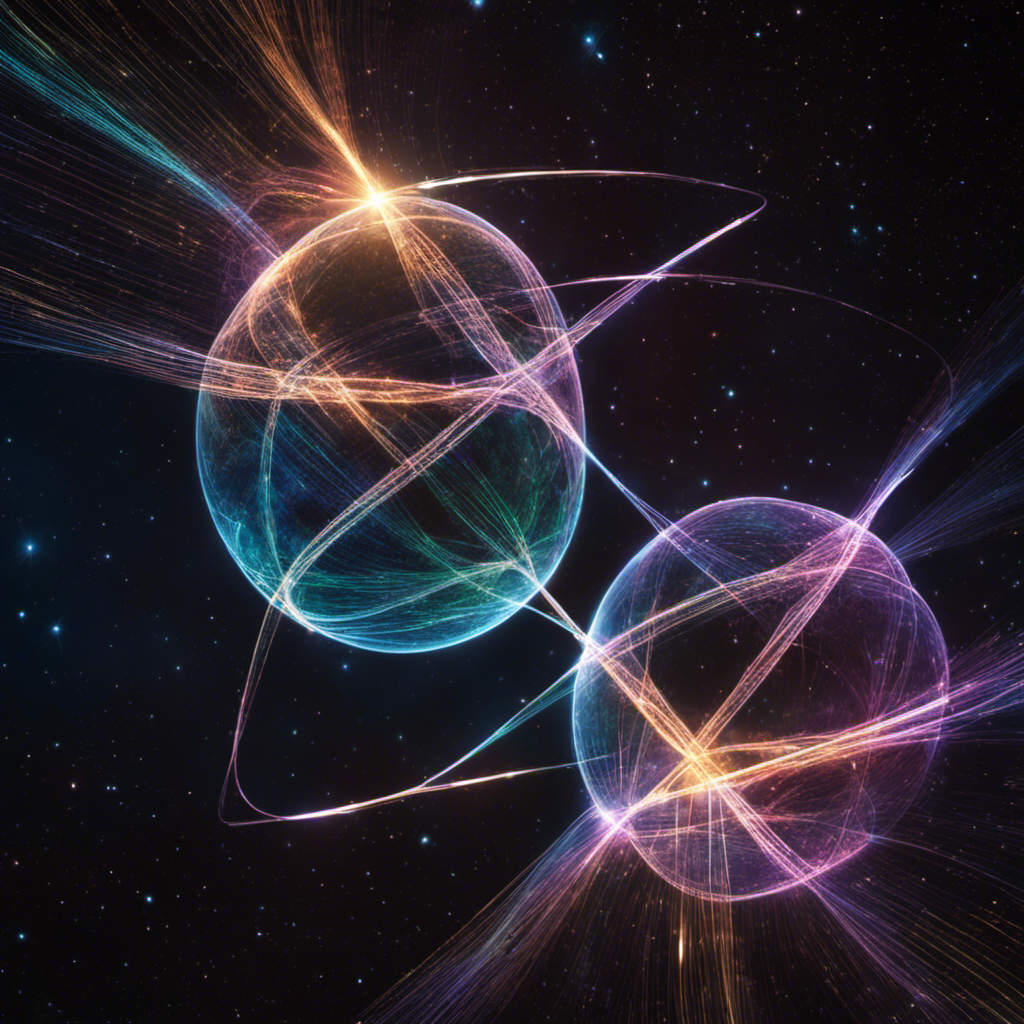 Two intertwined holographic particles floating in space, with lines linking them representing quantum entanglement.