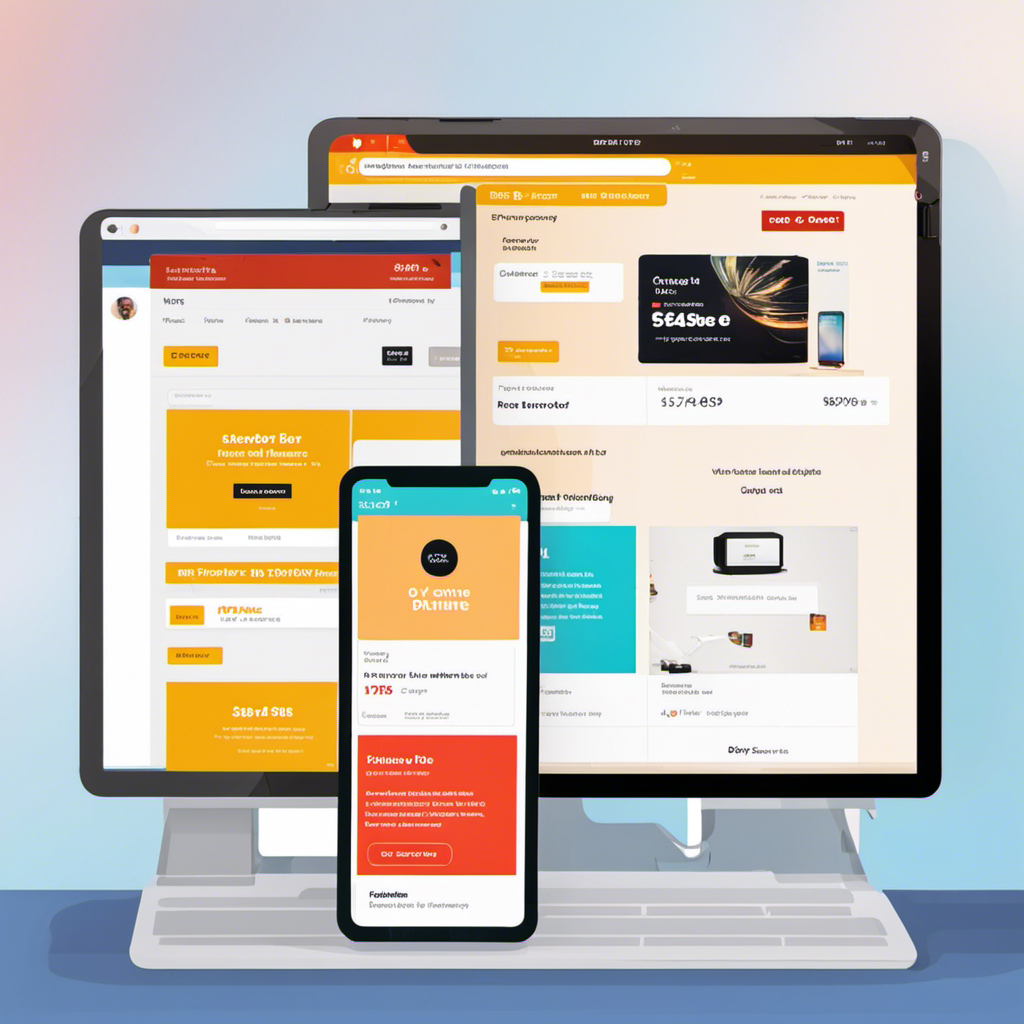 Image of a split screen displaying a person browsing tech product reviews and another screen showing the comparison of prices on different online retailers.