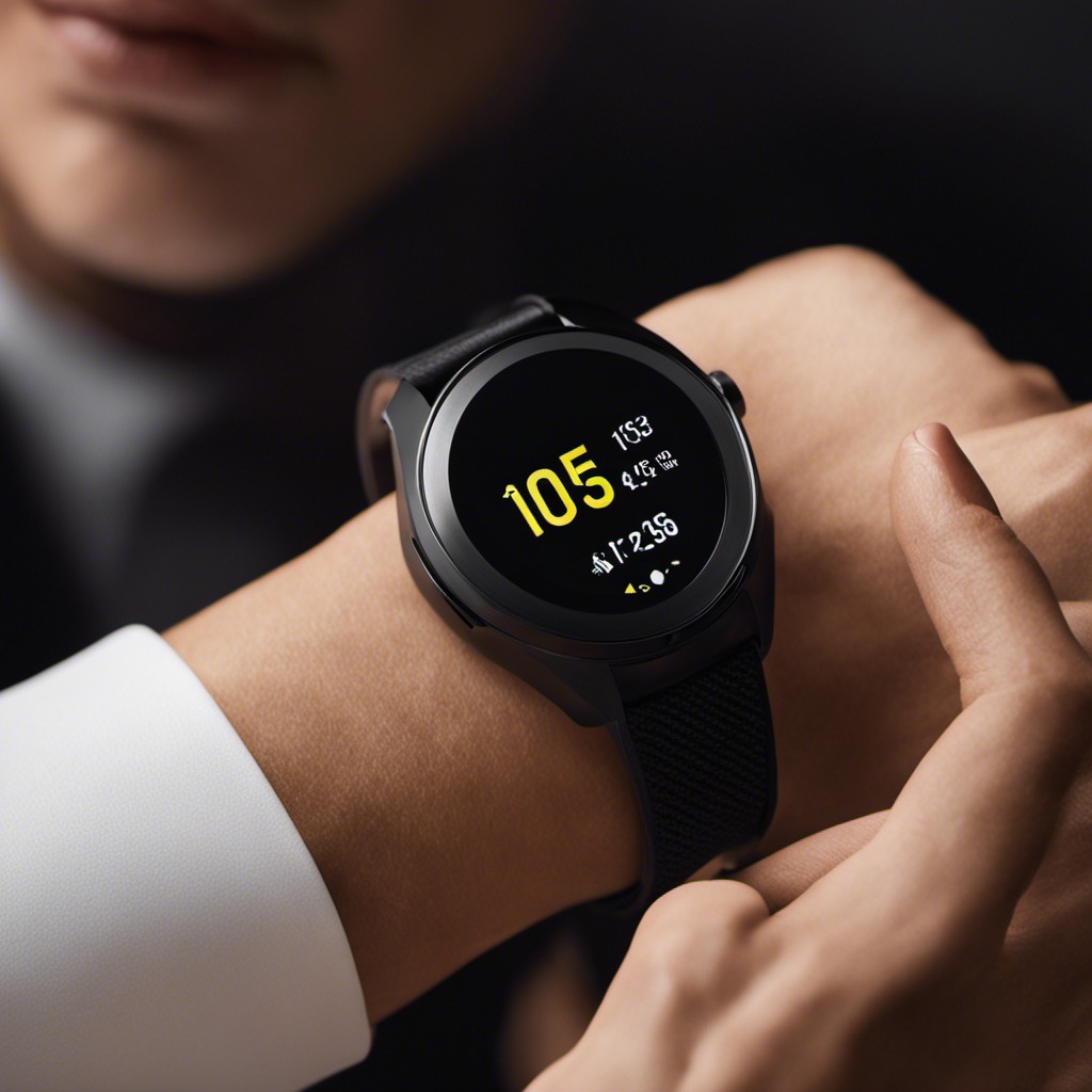 An elegant fit-tech wearable around a wrist, showcasing a heart rate monitor on a digital screen. The wearable is in sleek black color, adding a sense of minimalistic sophistication to the wearer.