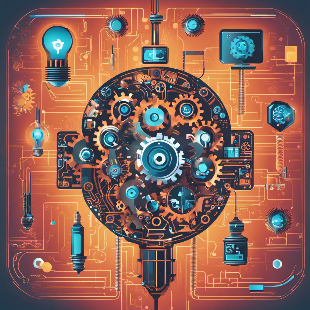 An AI robot with a brain image on the screen, representing the concept of machine learning, surrounded by various icons such as gears, lightbulb, and cloud, symbolizing different AI applications