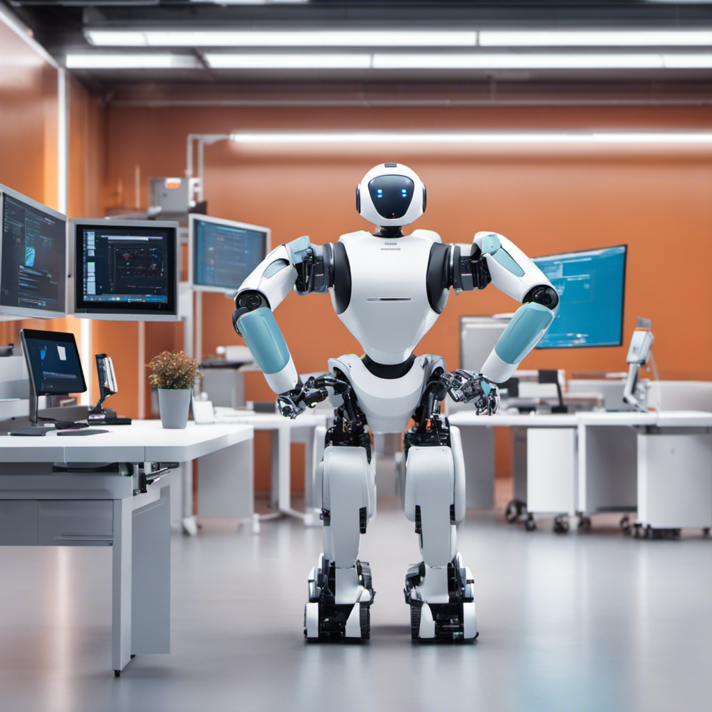 A modern robot extending its arms to perform multiple tasks efficiently, surrounded by different workplace scenarios, which can highlight the applications of robotics in various industries