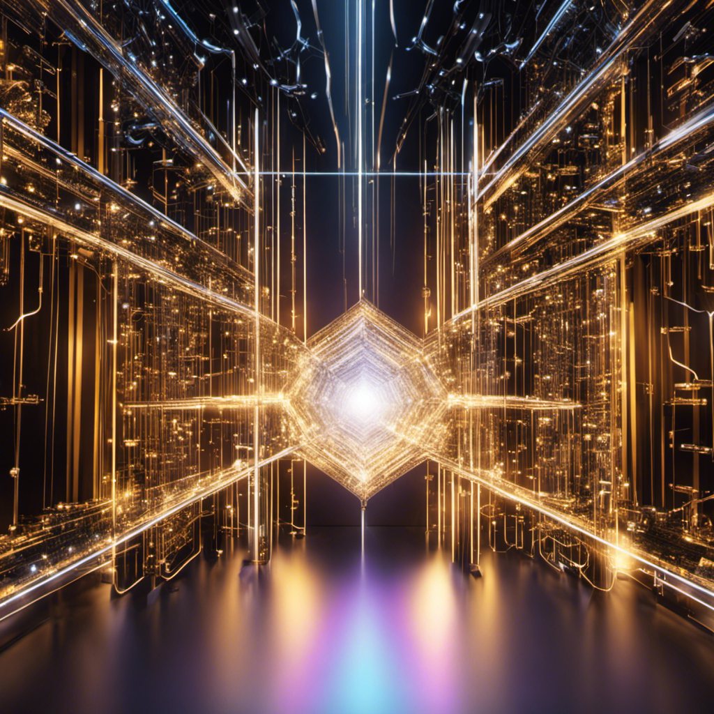 A futuristic image featuring a sleek quantum computer, with streams of light representing qubits processing complex computations