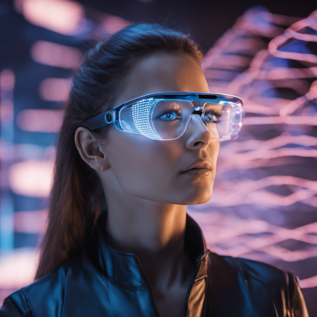 A futuristic image showing a woman wearing a digital display glasses observing a 3D holographic of DNA strands, representing the future of biotechnology in our digital world.