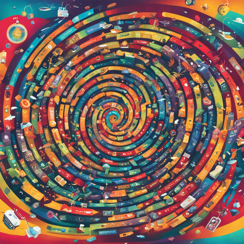 An image of a colorful, swirling vortex symbolizing the constantly evolving landscape of cyber threats, filled with floating icons of bugs, ransom notes, fishing hooks, and padlock symbols.