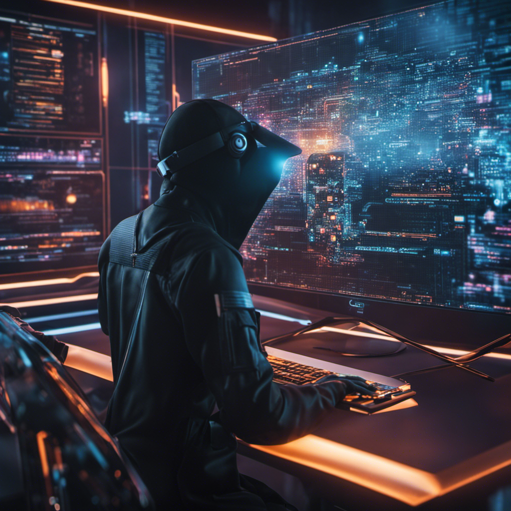 an image featuring a futuristic hacker using a holographic interface displaying code and graphics representing AI and quantum computing