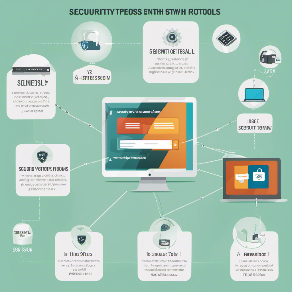 An infographic showing different types of security protocols, such as SSL, TLS, SSH, IPsec, and HTTPS displayed as interconnected nodes, signifying how they work together to form a secure digital network.