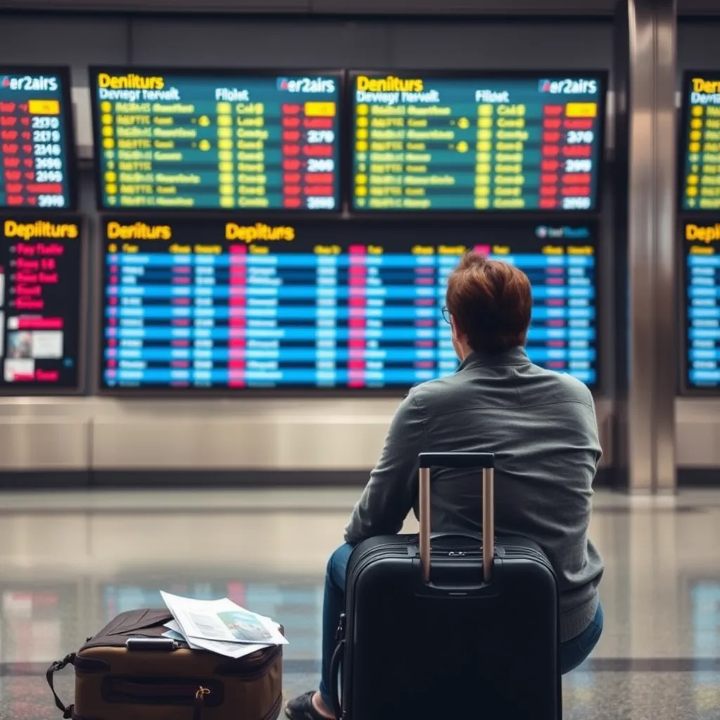 a frustrated traveler sitting at an airport gate, staring at a departures board showing delayed flights, with a suitcase and travel documents scattered around them