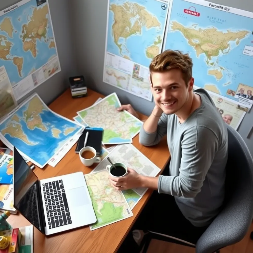 a person sitting at a desk, surrounded by maps, travel guides, and a laptop, with a cup of coffee and a smile, planning their trip