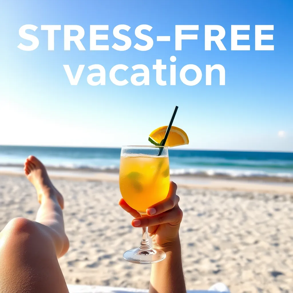 a person relaxing on a beach, with a calm ocean in the background and a refreshing cocktail in hand, symbolizing a stress-free vacation