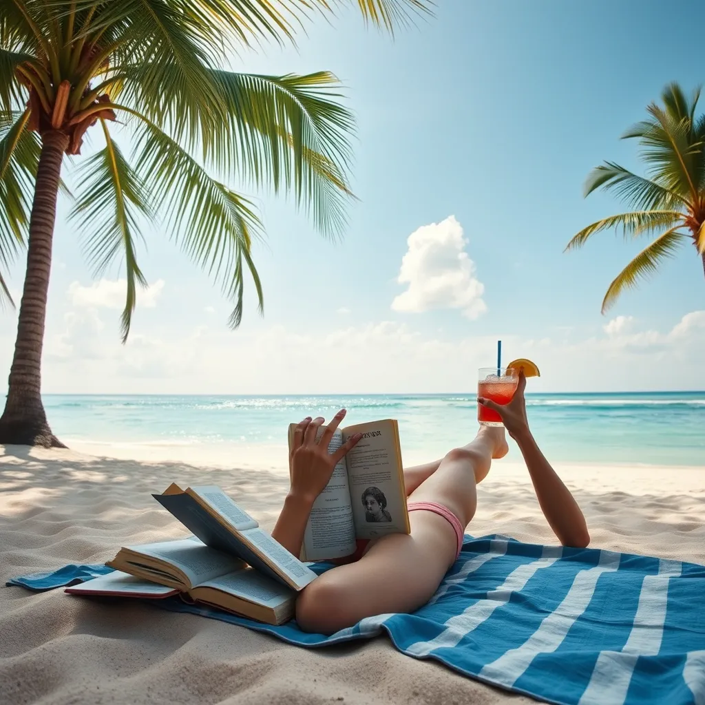a person relaxing on a beach, with a book and a cold drink, surrounded by palm trees and a calm sea