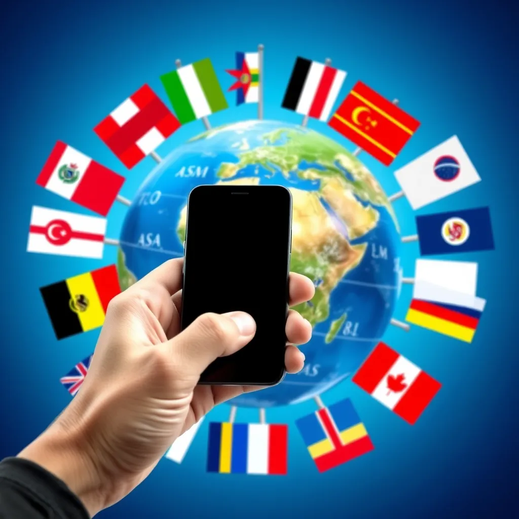 a person holding a smartphone with a globe in the background, surrounded by different country flags, symbolizing international roaming