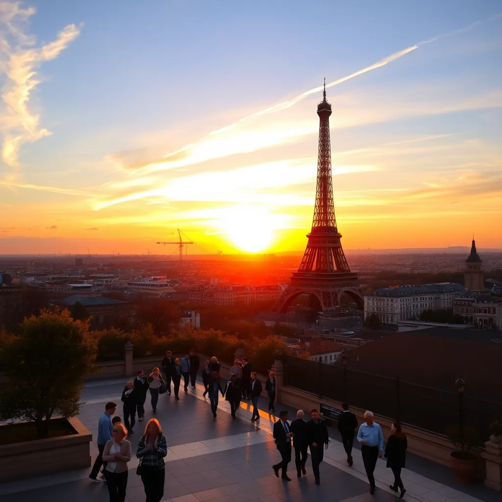 a scenic view of the Eiffel Tower at sunset, with people strolling in the foreground and the cityscape of Paris in the background