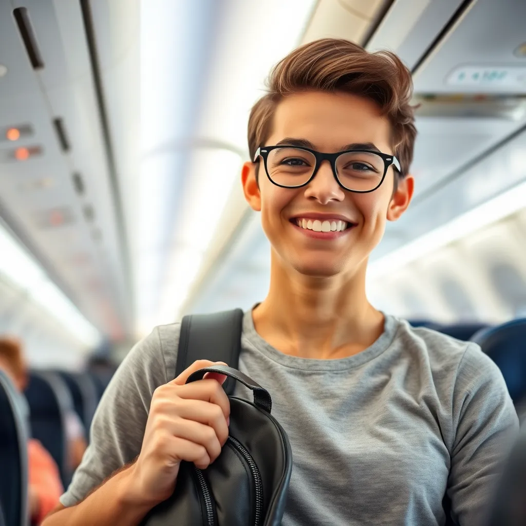a passenger on a low-cost airline, holding a small backpack and smiling, with a blurred background of a plane cabin