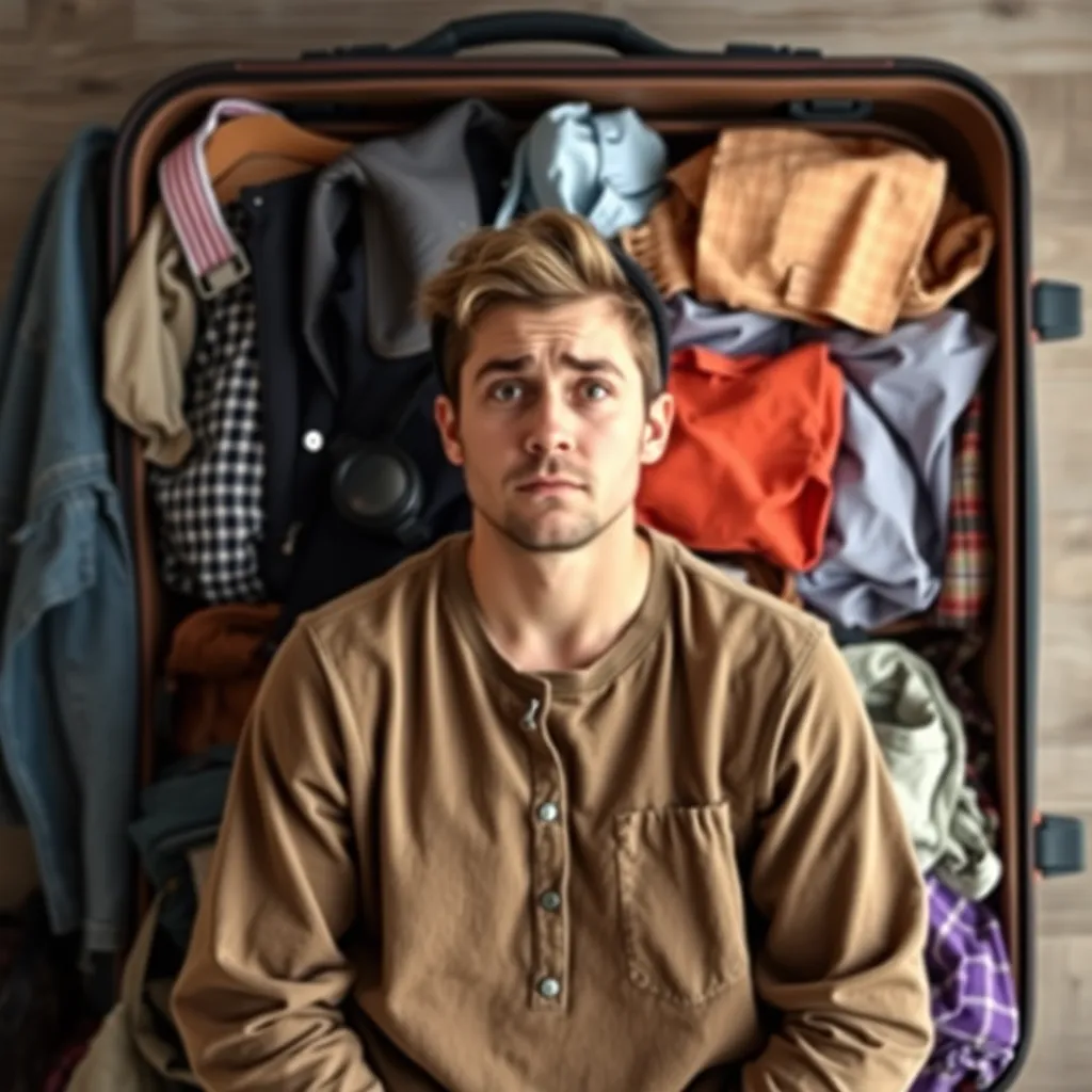 a person standing in front of an open suitcase, surrounded by clothes and travel accessories, with a worried expression on their face