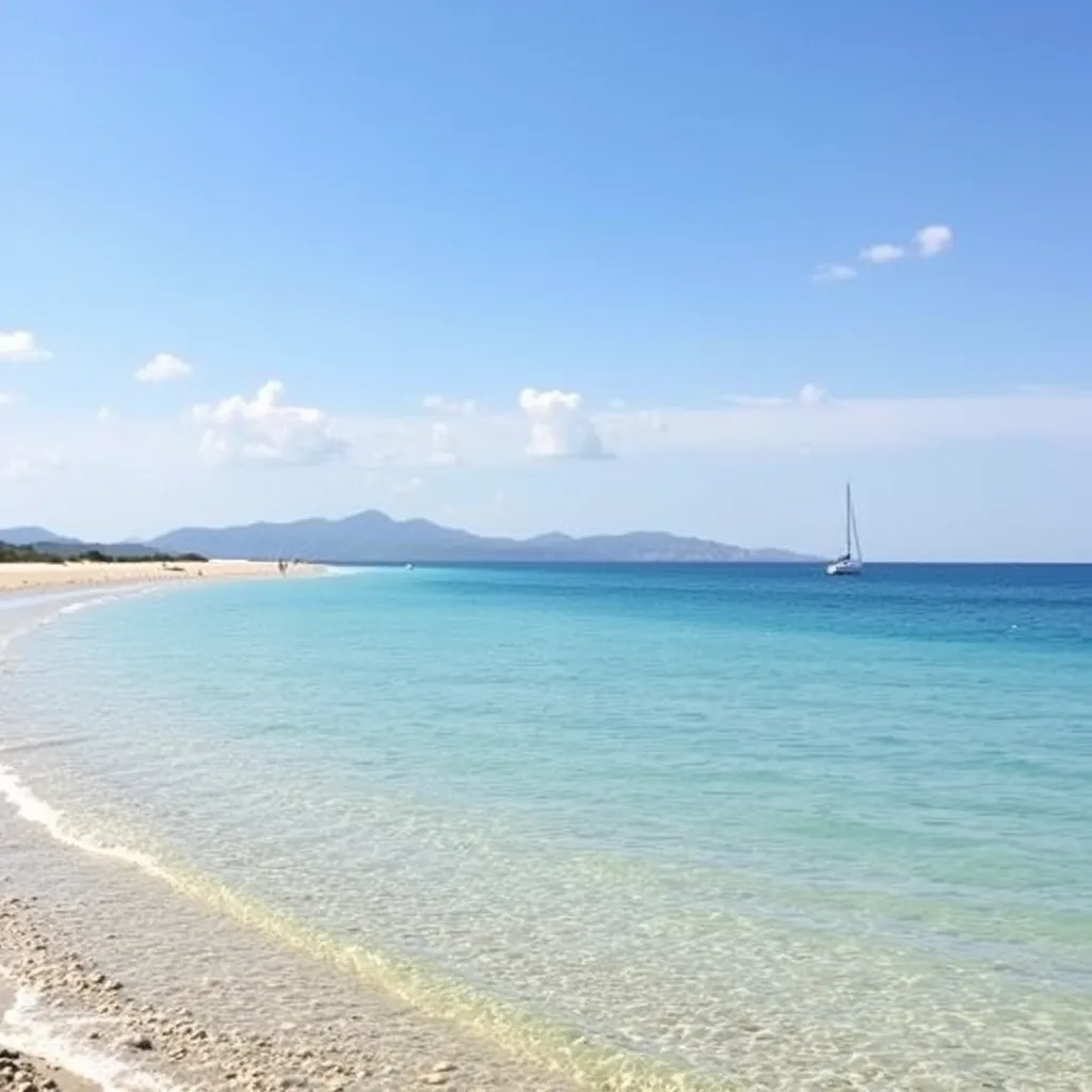 a serene beach on the island of Elba, with a few sailboats and yachts in the distance, under a bright blue sky with a few white clouds