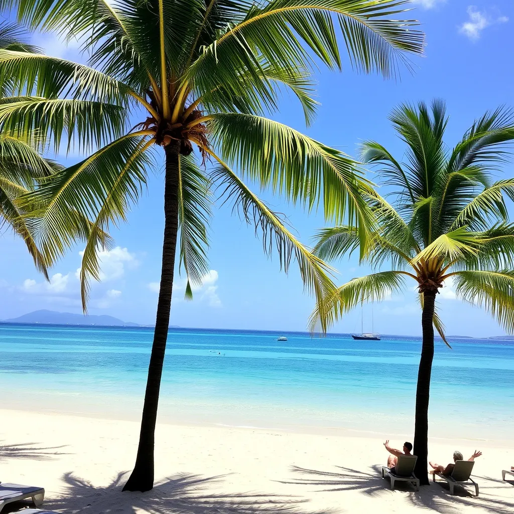 a serene beach scene with palm trees, calm turquoise water, and a few people relaxing on sunbeds