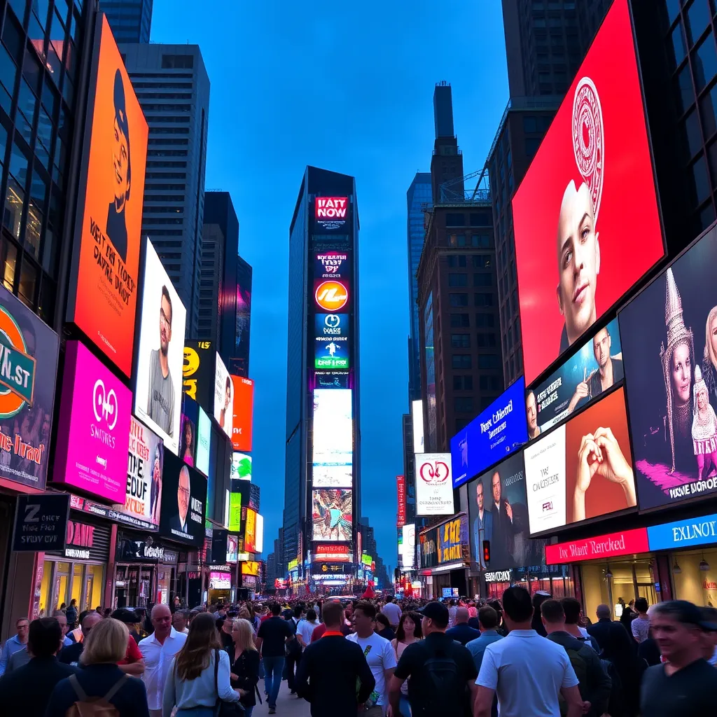 a bustling street scene in Times Square, New York City, with bright lights, giant billboards, and people from all over the world