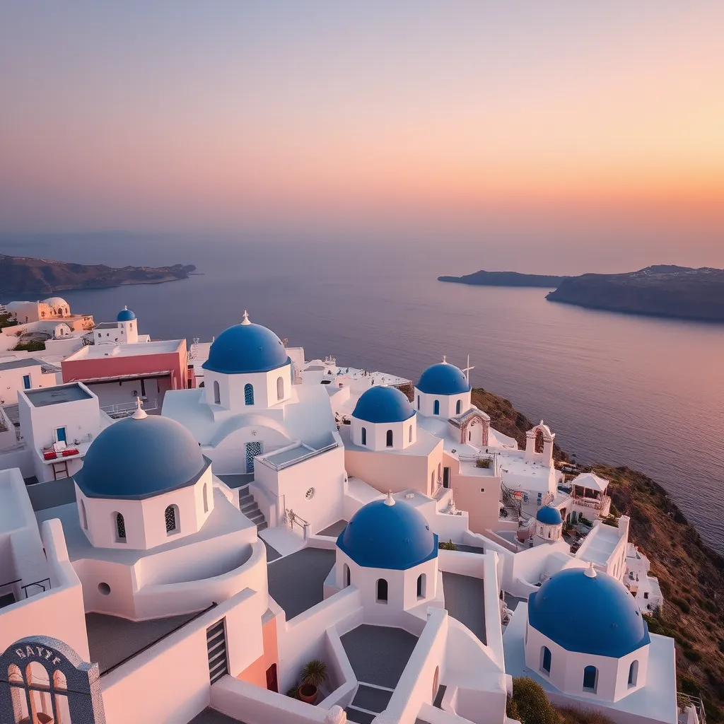 a breathtaking view of Santorin's white houses with blue domes, overlooking the caldera and the Aegean Sea at sunset