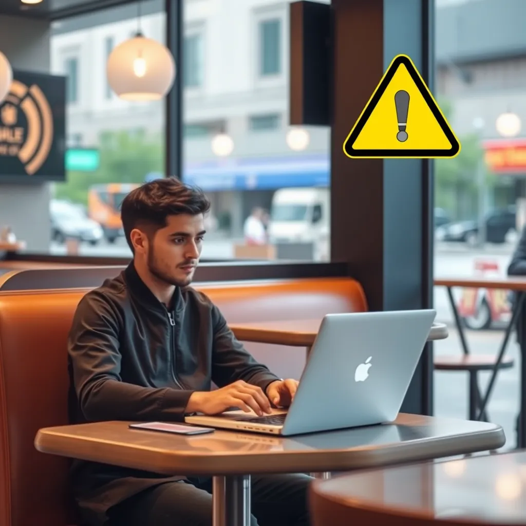a person sitting in a café, using a laptop connected to a public Wi-Fi network, with a subtle warning symbol in the corner of the image