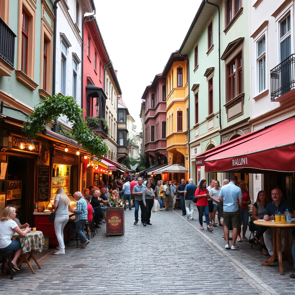 a colorful street in Plovdiv's old town, with cobblestone pavement and historic buildings, lined with people enjoying street food and drinks