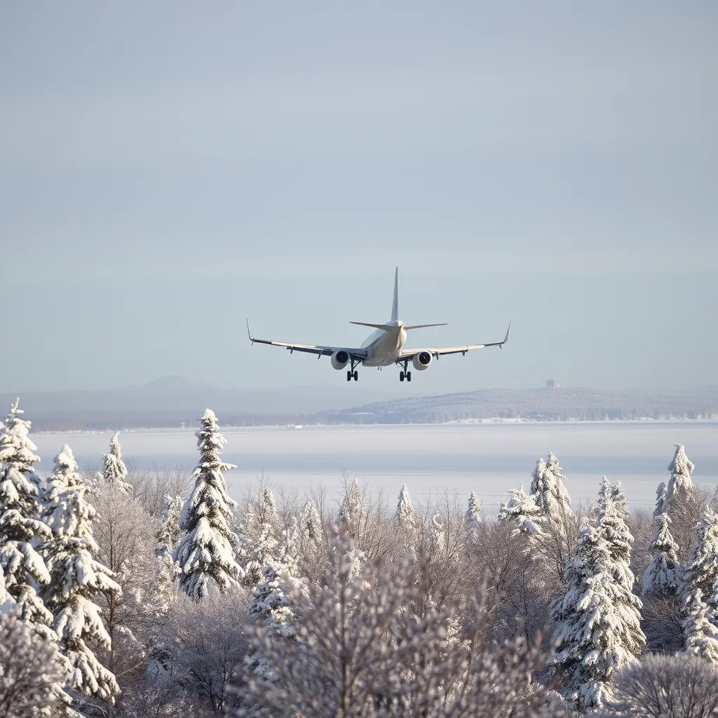 a plane taking off in winter, with snow-covered trees and a frozen lake in the background