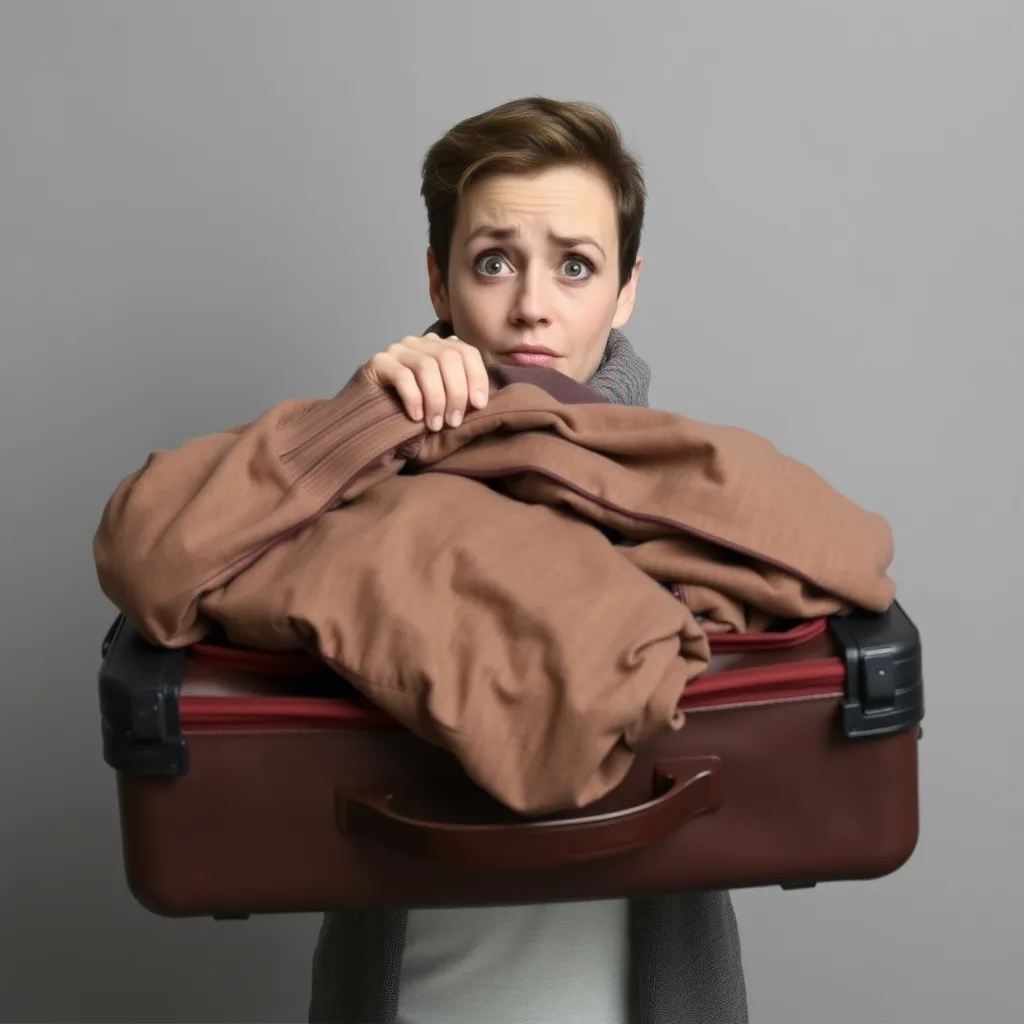 a person holding a large, stuffed suitcase, with a puzzled expression on their face