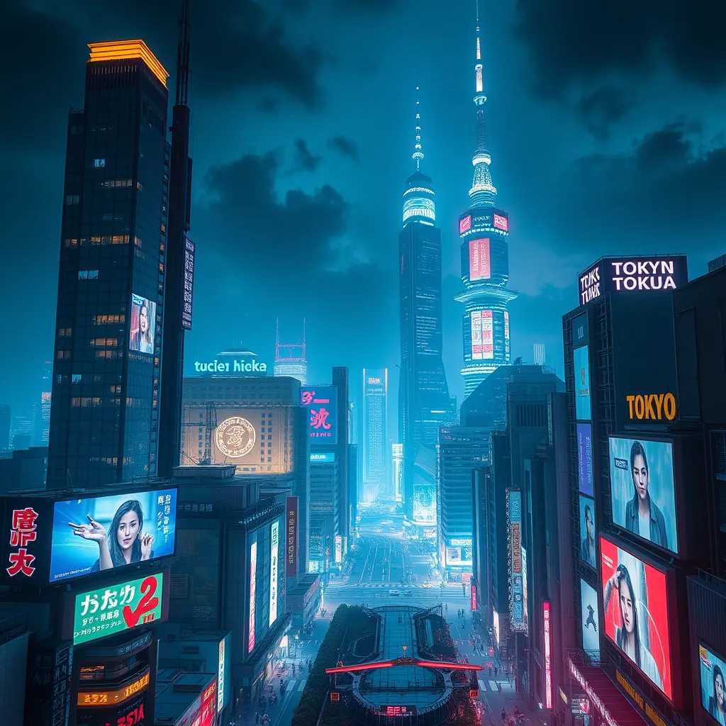 a futuristic cityscape of Tokyo at night, with neon lights, giant video screens, and towering skyscrapers