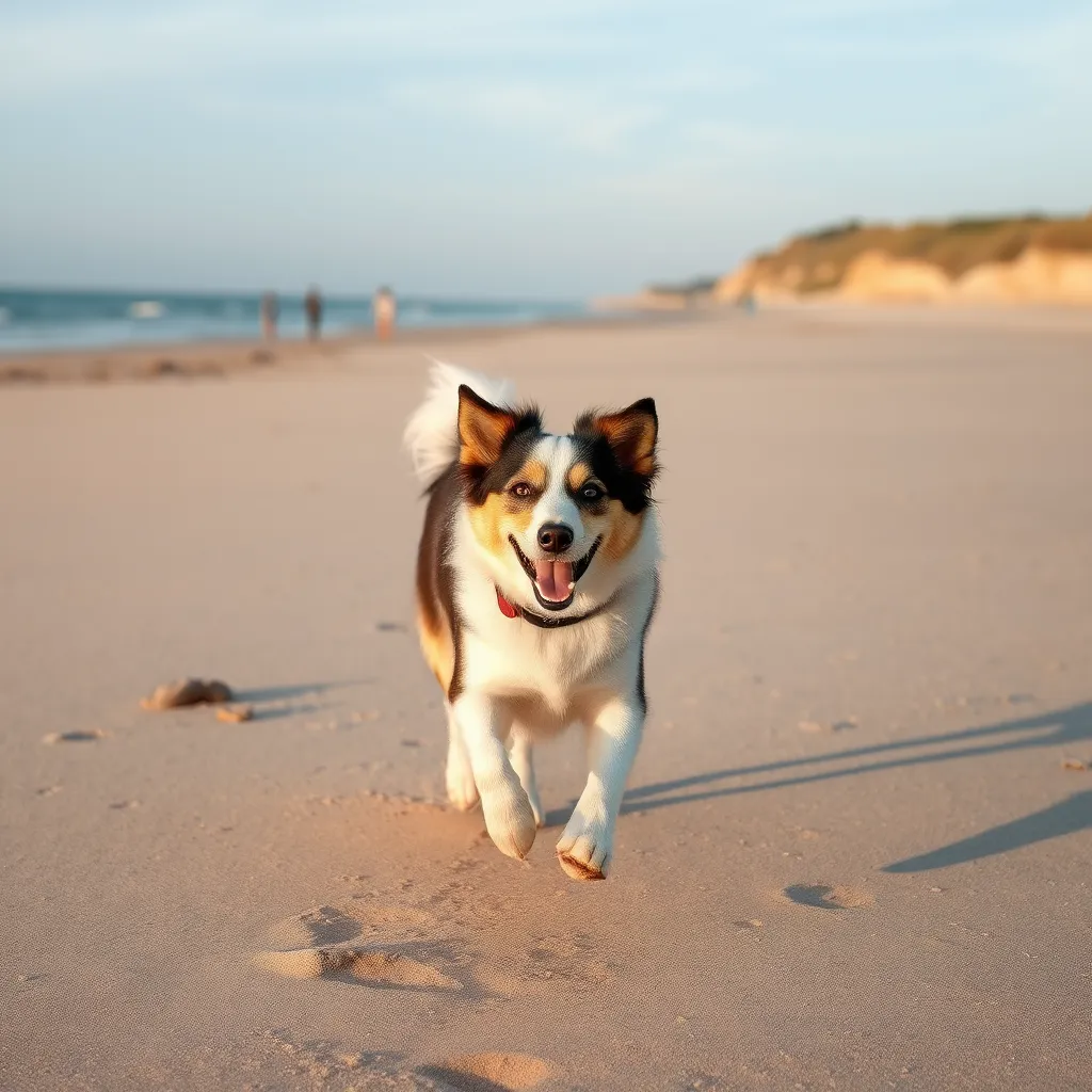 a happy dog running on a wide, sandy beach along the Baltic Sea, with a few people playing in the background