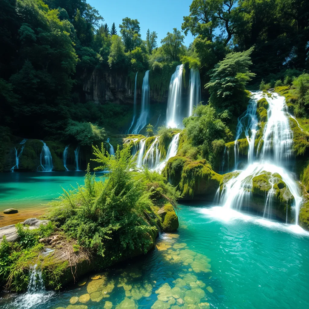 a stunning waterfall in Plitvice Lakes National Park, surrounded by lush green vegetation and turquoise water
