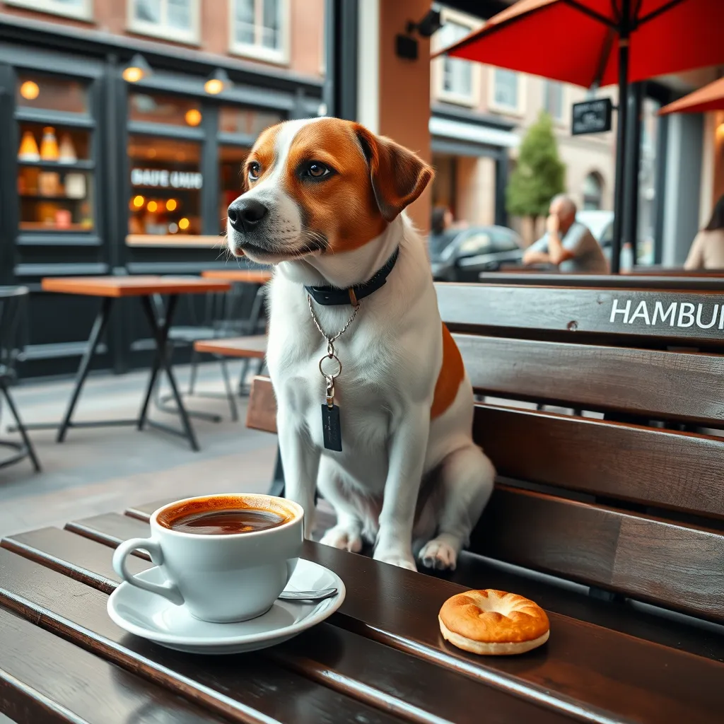 a dog sitting on a bench in a trendy Hamburg café, with a cup of coffee and a pastry in front of it
