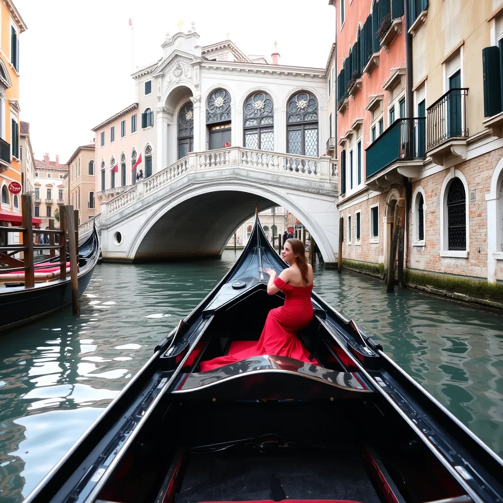 a romantic gondola ride through Venice's canals, with historic buildings and ornate bridges in the background
