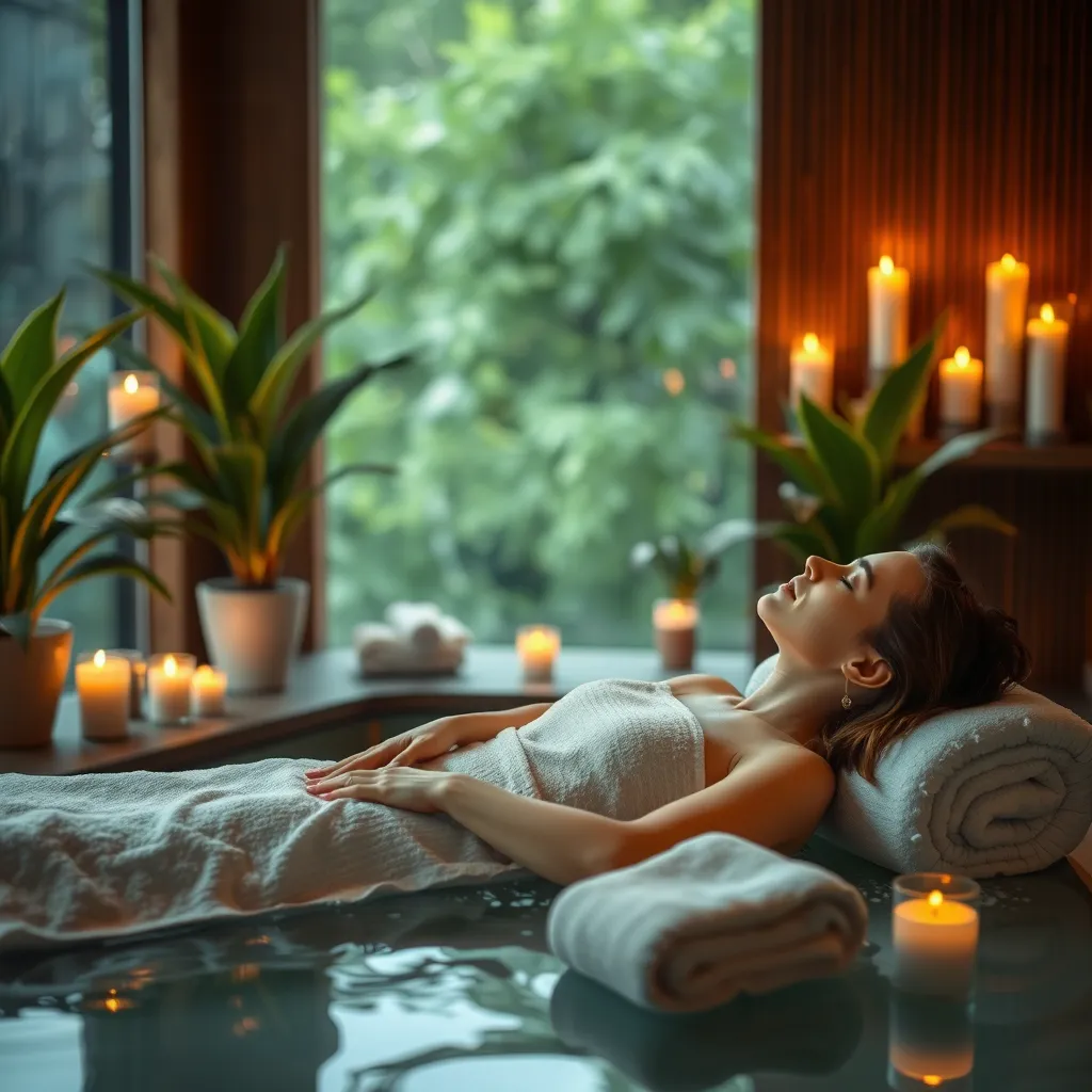 a person relaxing in a spa, surrounded by candles and plants, with a calm atmosphere