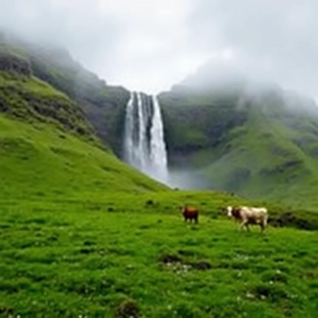 a lush green landscape on one of the Azores islands, with a waterfall in the background and a few cows grazing in the foreground