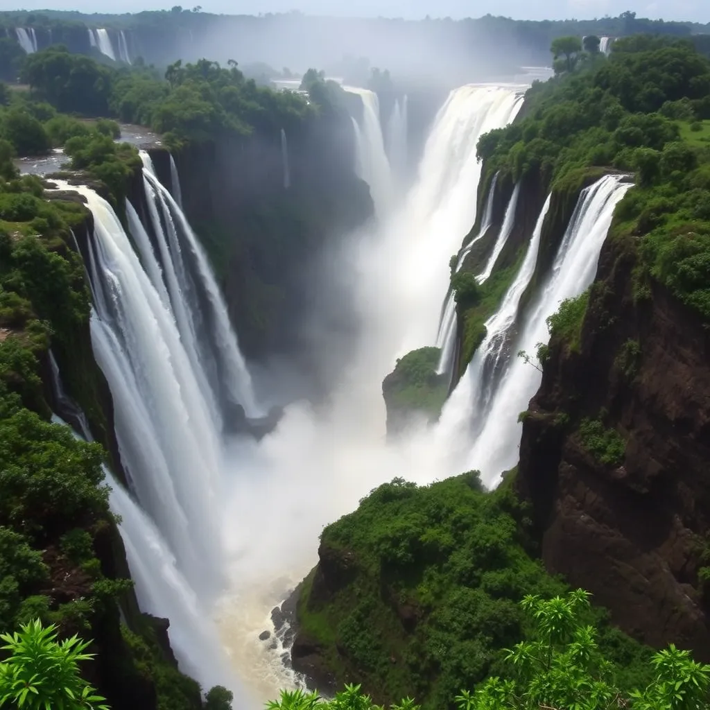 a breathtaking view of the Iguazu Falls, with mist rising from the Devil's Throat and lush green vegetation surrounding the falls