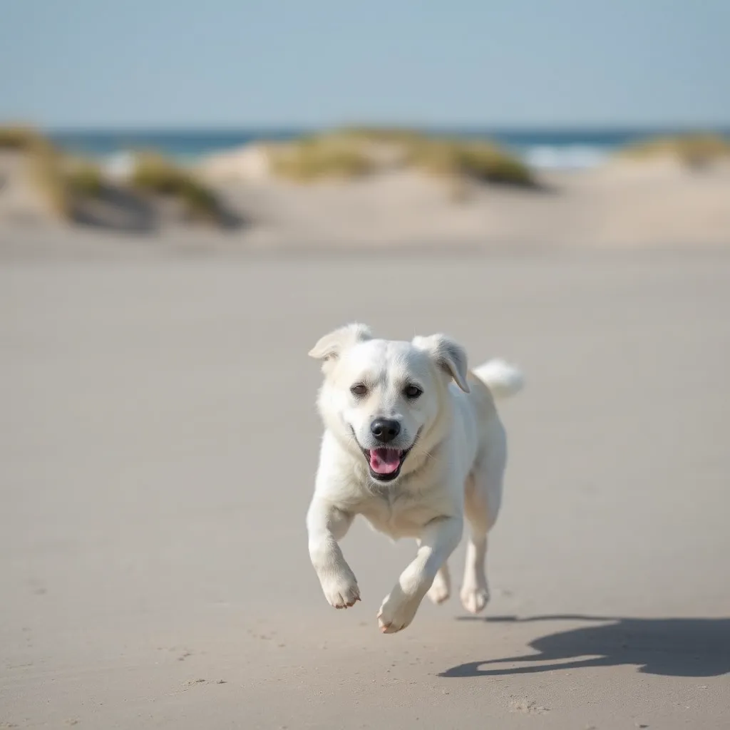 a dog running freely on a wide, sandy beach on the island of Sylt, with the sea and dunes in the background