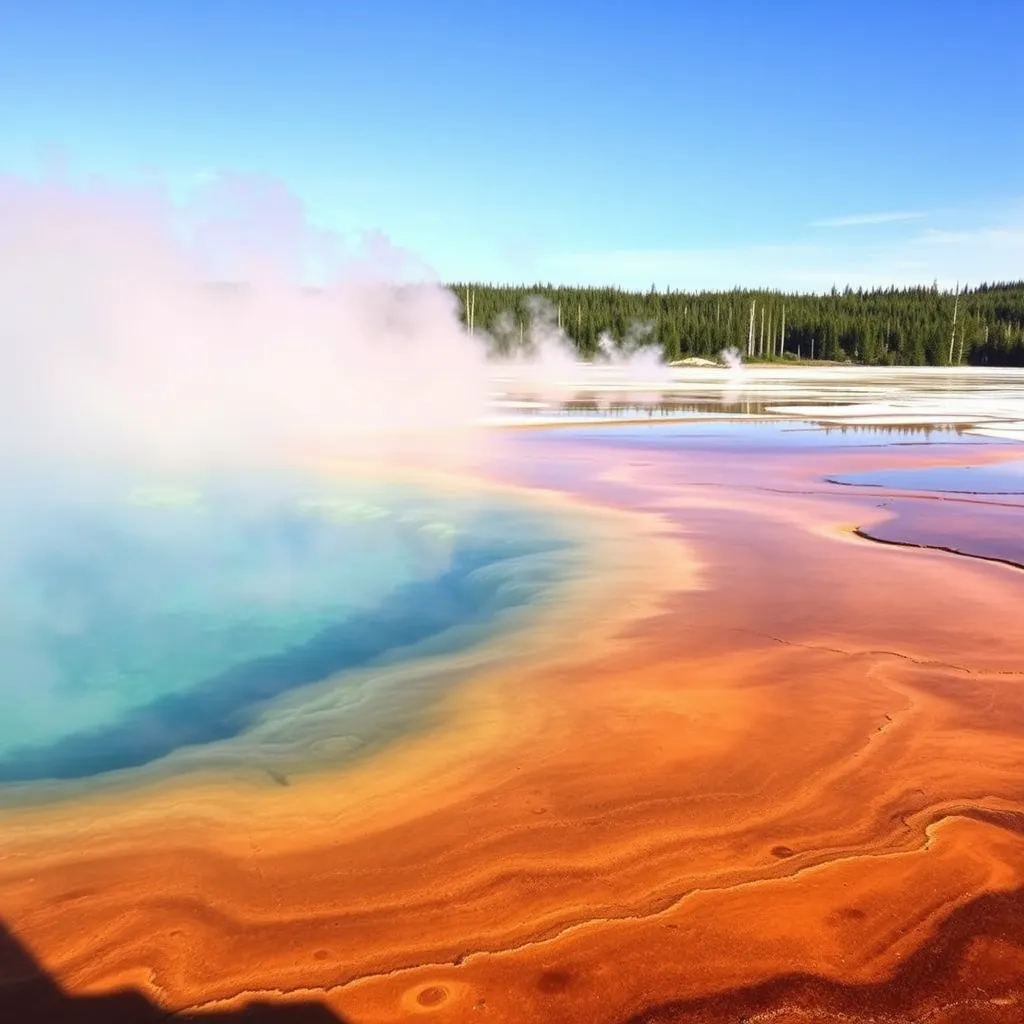 a stunning view of the Grand Prismatic Spring in Yellowstone National Park, with vibrant colors and steam rising from the water