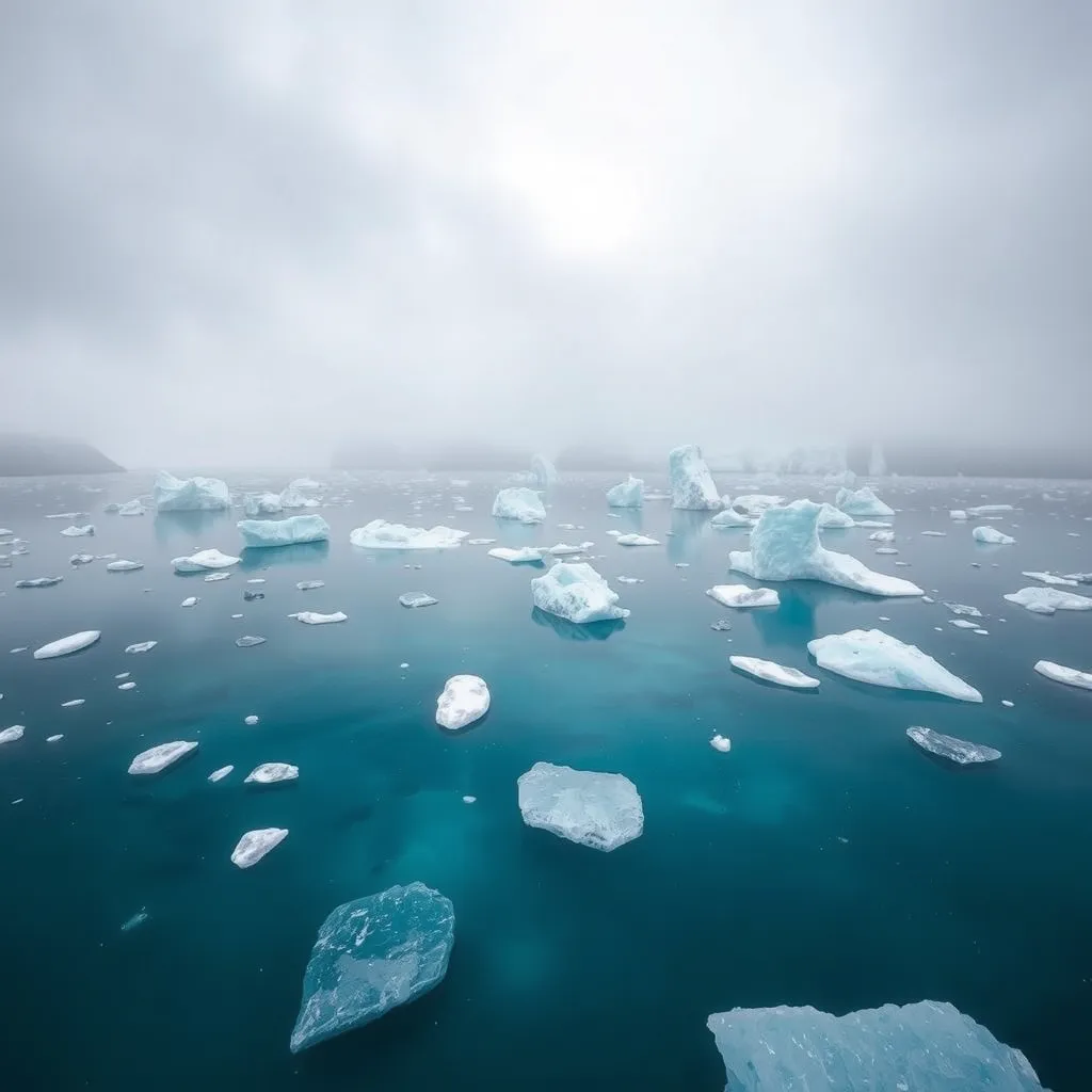 a breathtaking view of the Jökulsárlón glacier lagoon in Iceland, with floating icebergs and a misty atmosphere