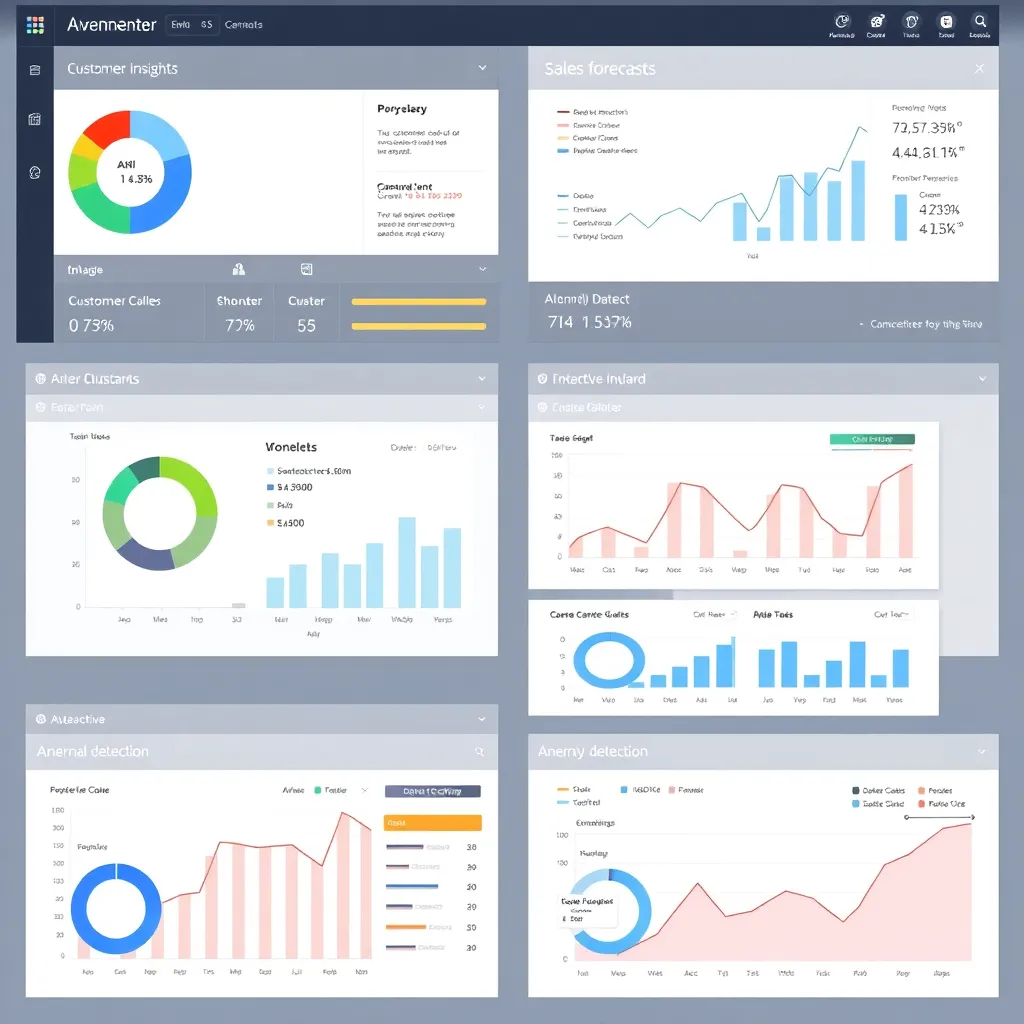 a dashboard displaying various AI-driven insights, including customer segmentation, sales forecasts, and anomaly detection, with interactive visualizations and charts
