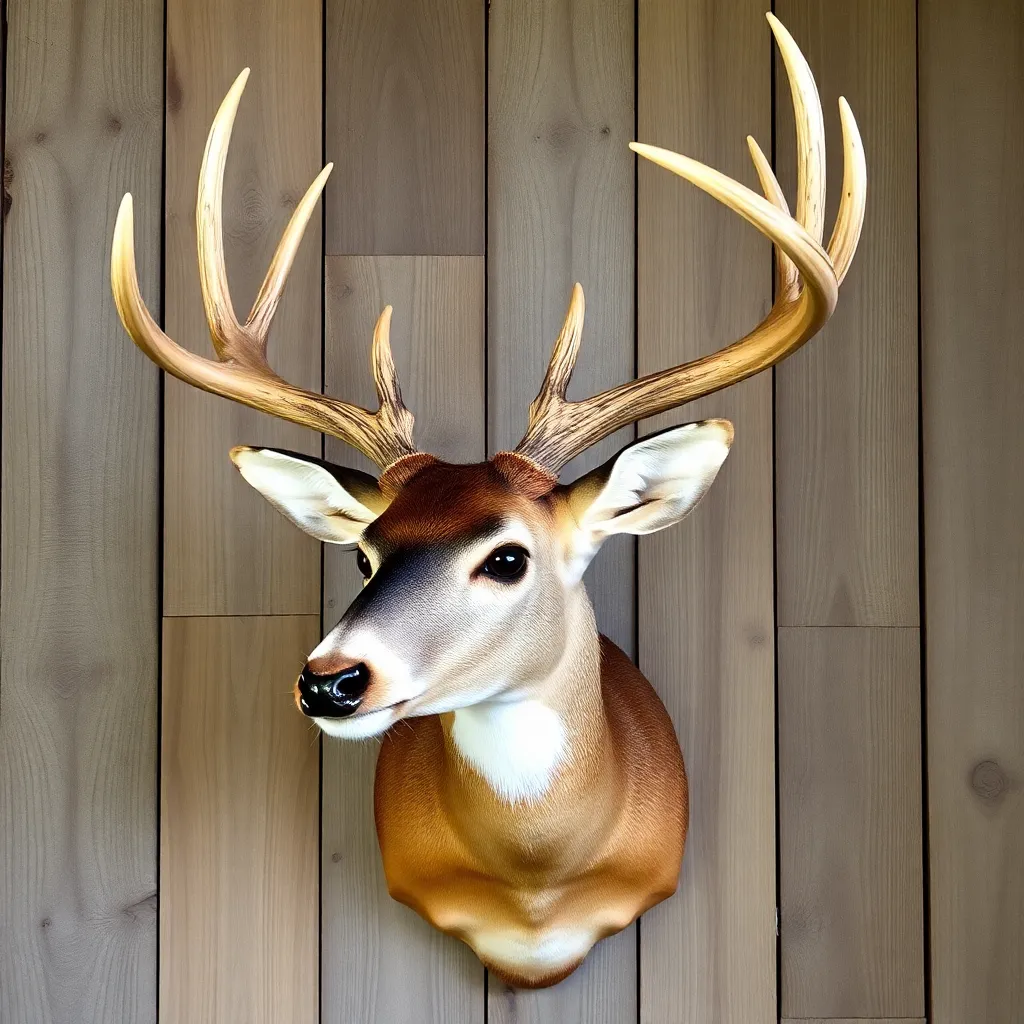 a beautifully mounted white-tailed deer head with intricate antlers, set against a rustic wooden background