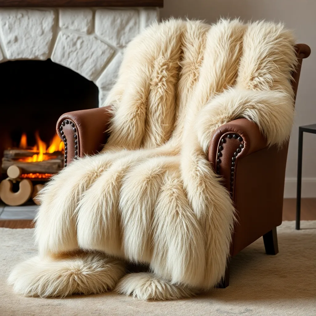 a sumptuous fur throw blanket draped over a comfortable armchair, with a warm fire crackling in the background