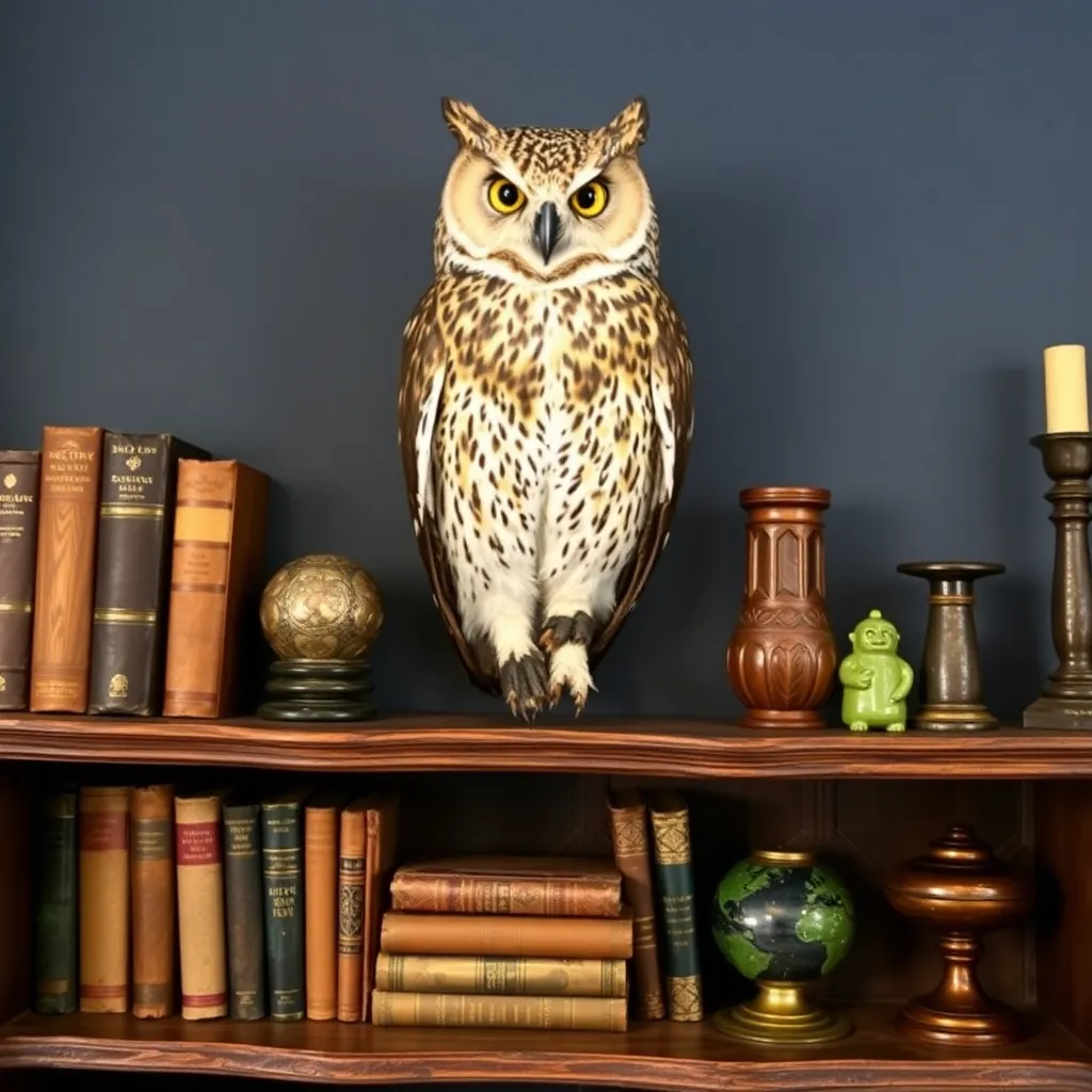 a beautifully mounted owl perched on a vintage wooden shelf, surrounded by antique books and eclectic decorative items