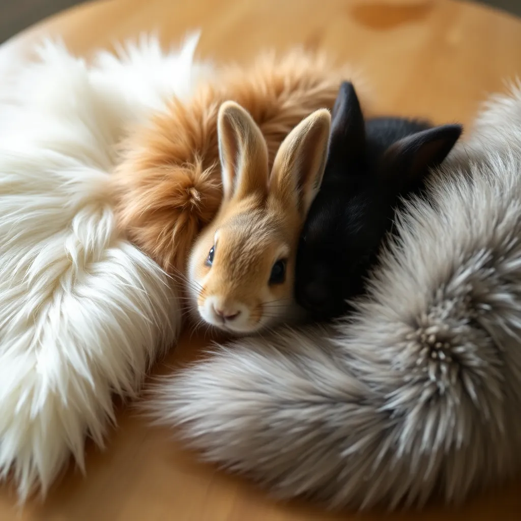 a close-up of different types of fur, including sable, mink, rabbit, and fox, arranged on a wooden table with a soft, natural light