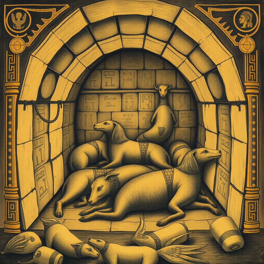 a vintage illustration of an Egyptian tomb with mummified animals, surrounded by ornate hieroglyphics and golden accents