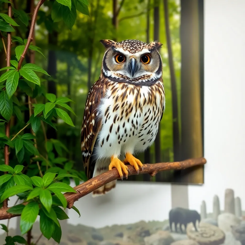 a taxidermied owl perched on a branch, surrounded by lush greenery, with a subtle background image of a forest ecosystem