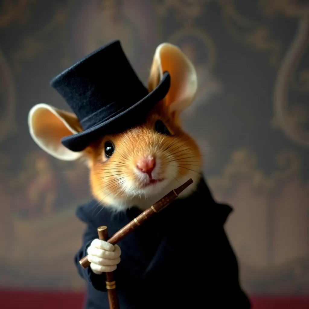 a close-up of a taxidermied mouse wearing a miniature top hat and holding a tiny cane, set against a dark, Victorian-inspired background
