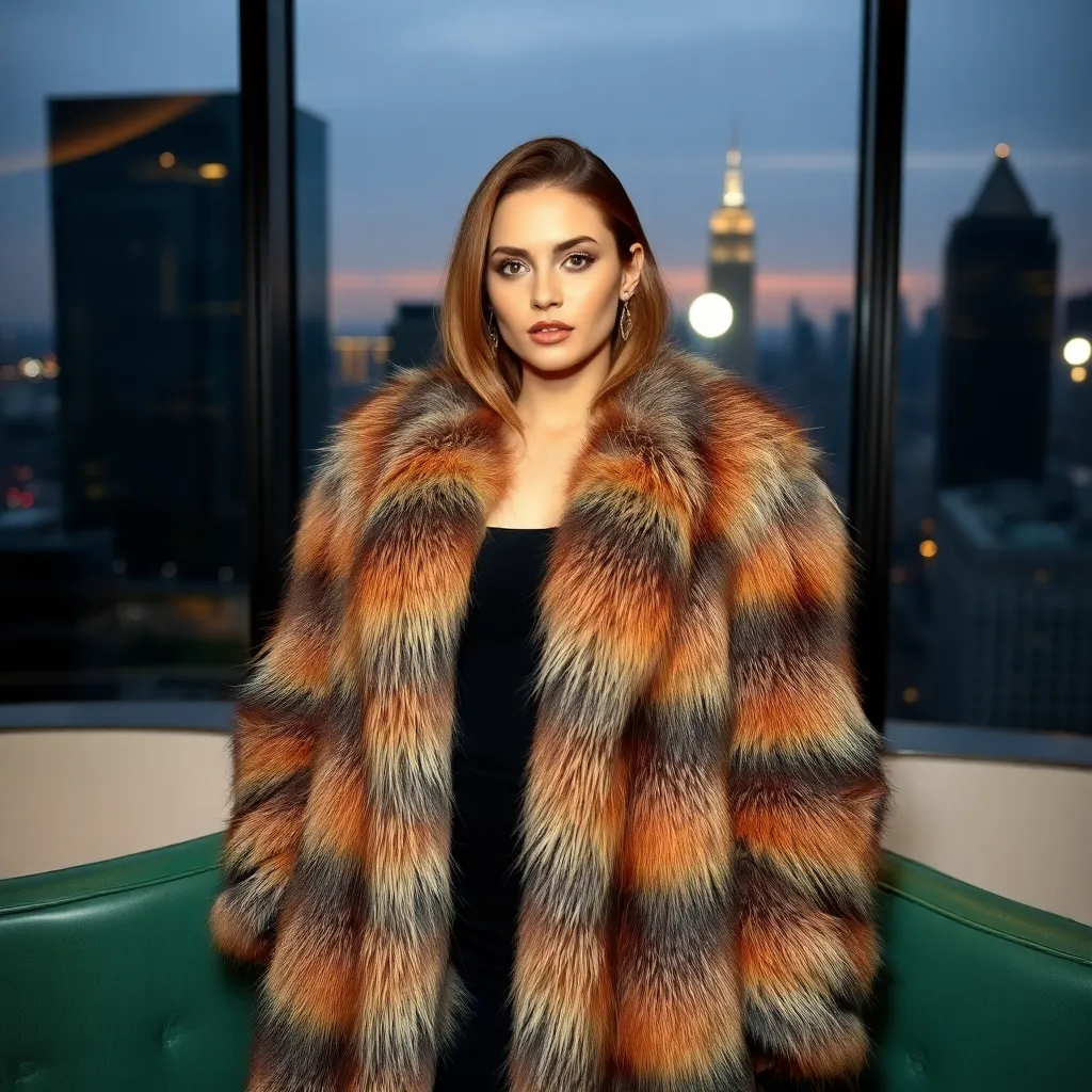 a model wearing a fox fur coat, posing in a luxurious setting with a cityscape background
