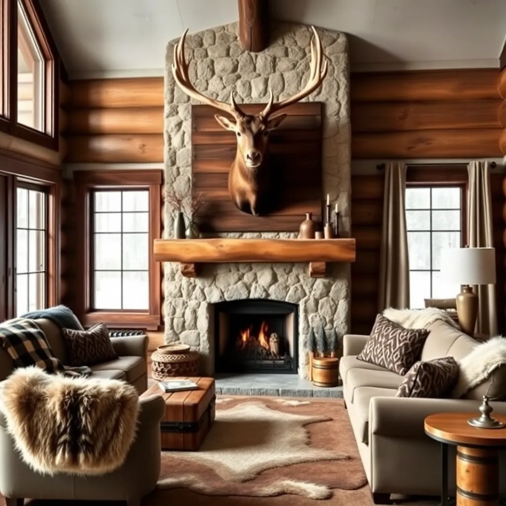 a cozy cabin-style living room with a mounted elk head above the fireplace, surrounded by plush fur throws and natural wood accents