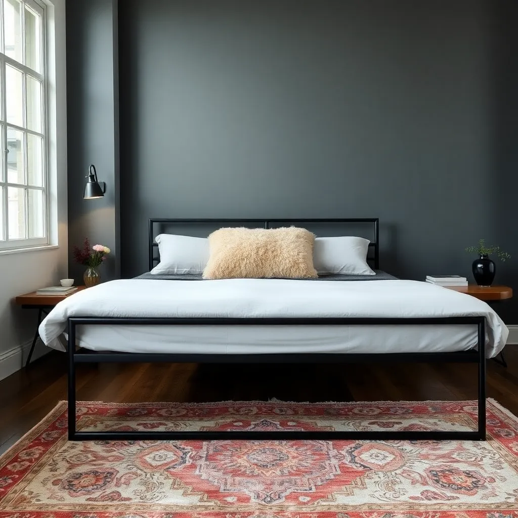 a stylish bedroom featuring a Mongolian lamb pillow on a minimalist bed frame, paired with a vintage rug and industrial-chic lighting fixtures