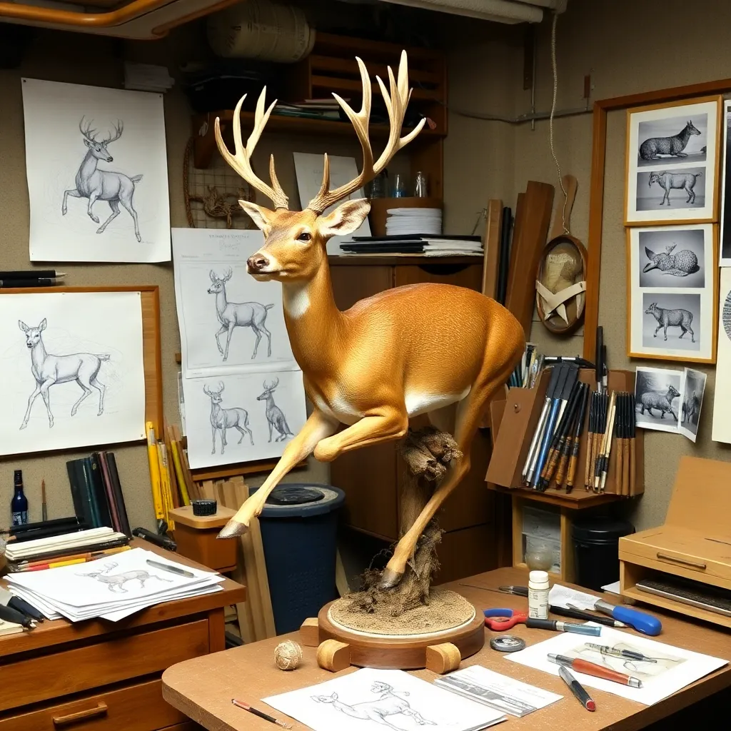 a taxidermist's workshop with various tools and materials, including a half-finished mount of a deer in mid-stride, surrounded by sketches and reference images