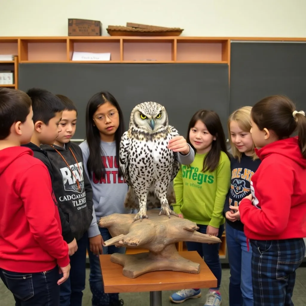 a group of students gathered around a taxidermied owl or eagle, with a teacher pointing to its features and explaining its habits